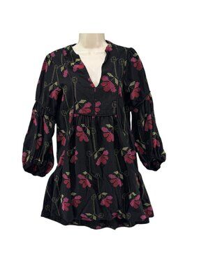 Dress To Floral Tunic Top Womens Black Pink Embroidered 3/4 Sleeve Size PP
